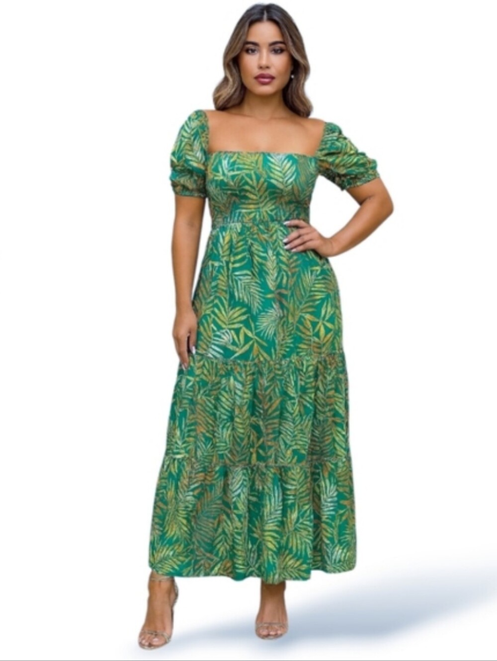Betsey Johnson Tropical Palm Print Smocked Puff Sleeve Maxi Dress